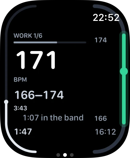 The first of six work reps on the watch: the heart rate large in the centre, the target 166 to 174 beneath it, and the band drawn as an arc along the edge of the screen with the marker sitting inside it. Below, the seconds accumulated in the band this rep.